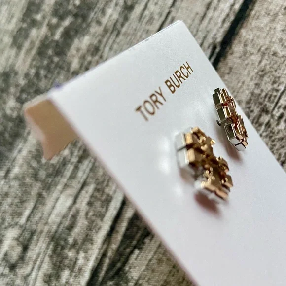 NWT! Tory Burch logo stud earrings in double gold: gold and silver tones - Picture 8 of 15